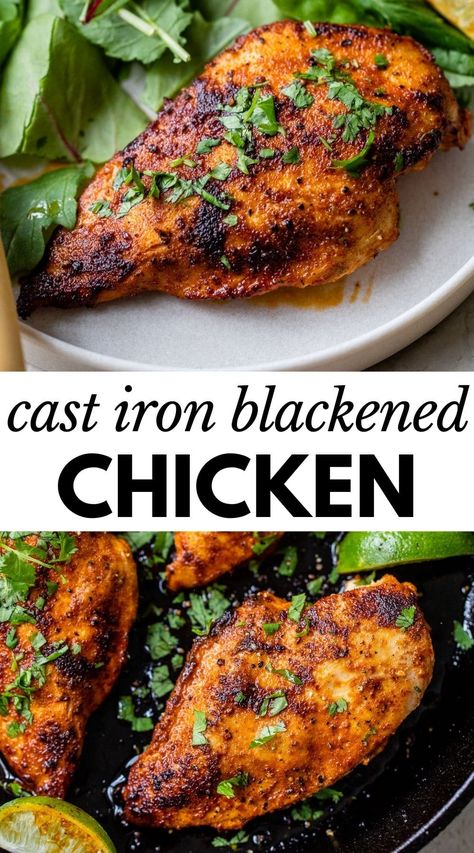 This easy Blackened Chicken recipe is made in a cast iron skillet and is incredibly flavorful. Made with a Mexican marinade similar to a dry rub, the chicken is cooked completely in the skillet in under 15 minutes! Cast Iron Skillet Recipes Chicken, Chicken Cast Iron Skillet, Easy Blackened Chicken, Cast Iron Chicken Recipes, Mexican Marinade, Blackened Chicken Recipe, Chicken Recipe Easy, Cast Iron Chicken, Blackened Seasoning