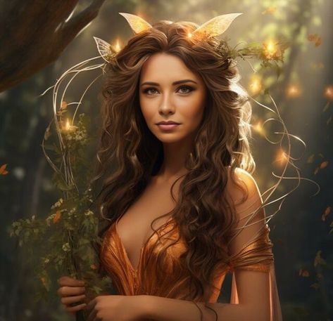 Fairy Staff, Light Orange Dress, Long Brown Wavy Hair, Brown Hair And Freckles, Brown Hair And Hazel Eyes, Naomi Skye, White Long Gown, Brown Hair Green Eyes, Chestnut Brown Hair