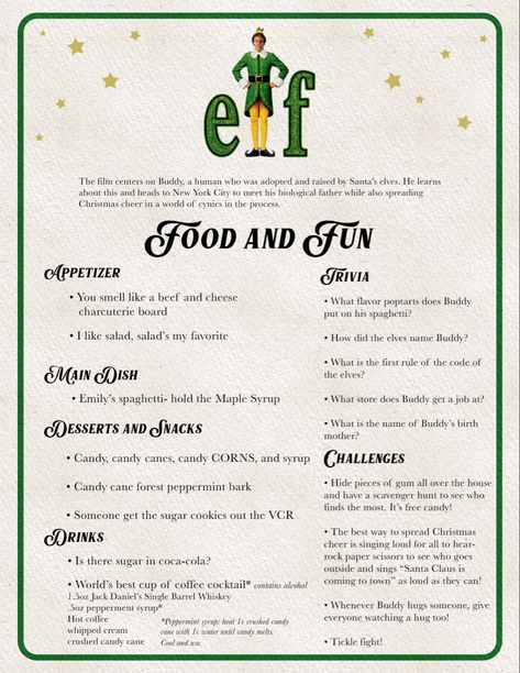 Christmas Movie Night Ideas, Elf Movie Party, Family Movie Night Themes, Disney Themed Movie Night, Disney Movie Night Food, Disney Movie Night Dinner, Movie Night Ideas, Movie Night Dinner, Movie Night Theme