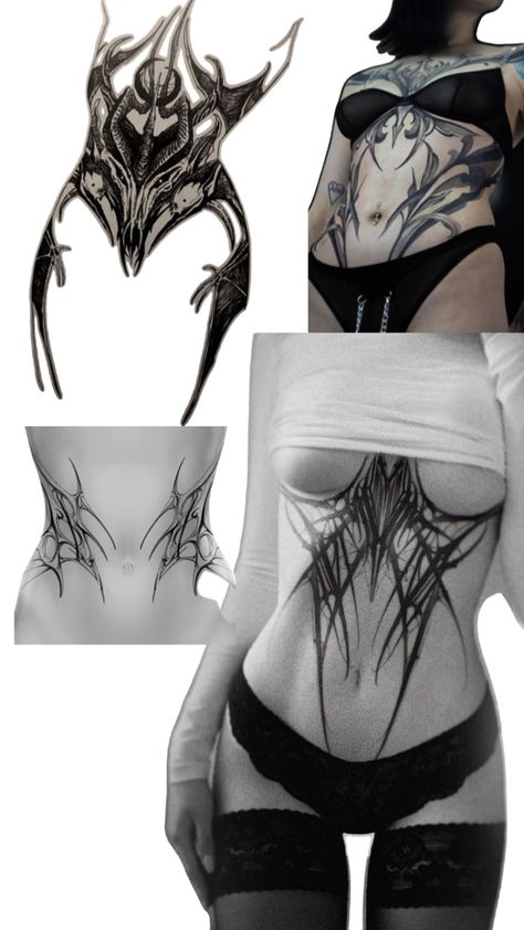 Back Tattoos Goth, Dark Stomach Tattoos, Gothic Tattoos For Women Dark Beauty, Gothic Hip Tattoo, Body Shaping Tattoos, Goth Stomach Tattoos, Cool Hip Tattoos, Body Contour Tattoo, Masculine Tattoos For Women