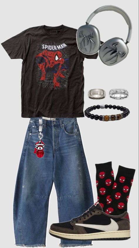 Outfit Ideas Shirt, Spiderman Outfit, Shirt Outfit Ideas, Shirt Design Ideas, Baggy Outfit Ideas, Street Style Outfits Casual, Outfit Streetwear, Men's Outfits, Baggy Clothes