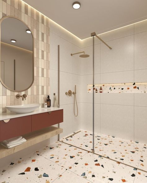 Terrazzo Bathroom Ideas, Terazzo Bathroom Interior Design, Terrazo Tile Bathroom Ideas, White Terrazzo Bathroom, Terrazzo Bathroom Design, Shower Bathroom Ideas, Small Shower Room Ideas, Shower Curtain Ideas, Kids Bathroom Design