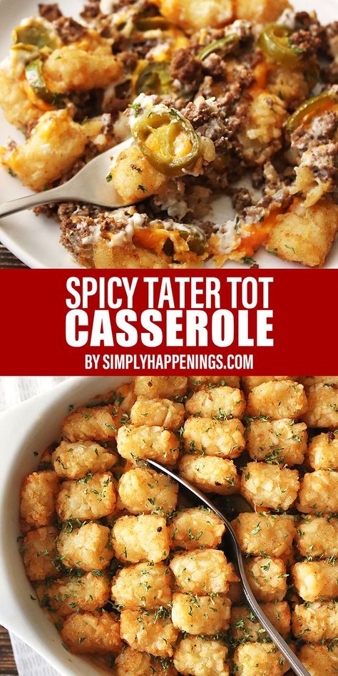 Spicy tater tot casserole with ground beef, hot sauce, cheddar cheese, homemade cream of mushroom soup, sour cream, spicy seasoning, and jalapeños to give a nice kick to this family favorite dish. Makes a great freezer dish as well! Tater Tot Casserole With Ground Beef, Hamburger Pasta, Casserole With Ground Beef, Sauce Cheddar, Quick Casseroles, Tater Tot Recipes, Tater Tot Casserole Recipes, Tator Tots, Beef Kabobs