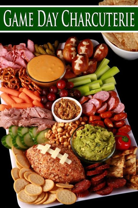 A super bowl charcuterie board, with a football shaped cheese ball, football mini pretzels, guacamole, beer cheese dip, meats, Guinness cheese, corn nuts, pretzels, and more. Overlaid text says game day charcuterie. Super Bowl Snacks Party Appetizers, Super Bowl Charcuterie Board, Super Bowl Charcuterie, Shaped Cheese Ball, Super Bowl Finger Foods, Football Themed Food, Perfect Charcuterie Board, Football Appetizers, Game Day Party