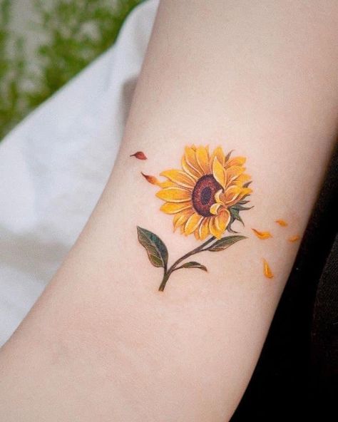 Snowglobe Tattoo, Watercolor Sunflower Tattoo, Tattoo Design Ideas For Women, Sunflower Tattoo Ideas, Sunflower Tattoo Thigh, Shoulder Sleeve Tattoos, Sunflower Tattoo Sleeve, Sunflower Tattoo Shoulder, Tiny Wrist Tattoos