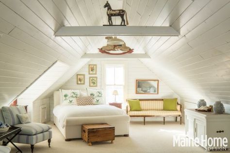 attic bedroom of Frank & Missy McDougald with plank paneled ceiling, light colors Small Attic Renovation, Kids Bedroom Remodel, Slanted Walls, Attic Renovation Ideas, Small Bedroom Remodel, Finished Attic, Small Attic, Attic Design, Attic Bathroom