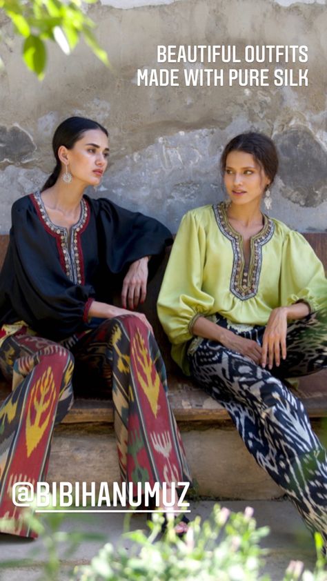 Ikat Outfit, Ikat Dress Designs, Ikat Pants, Ikat Blouse, Uzbek Ikat, Ikat Dress, Batik Fashion, Sleeves Designs For Dresses, Over 50 Womens Fashion