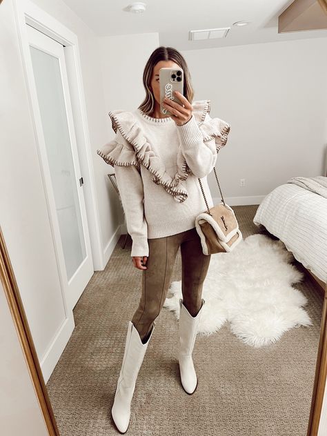 EN SAISON Rene Ruffle-Trim Sweater curated on LTK Cream Outfit, Suede Leggings, Ruffle Sweater, Sweater Cream, Outfit Winter, Date Outfits, Boots For Sale, Ruffle Trim, Turtleneck Sweater