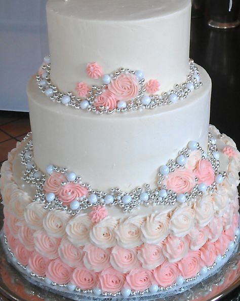 Three Tier Wedding Cake Pink Cakes With Flowers, Three Tier Cake Design, Birthday Cake Three Tier, Pastel De Quinceanera Ideas, Three Tier Cake Birthday, Tier Birthday Cake, Three Tier Wedding Cake, Fancy Wedding Cakes, Cake Rose