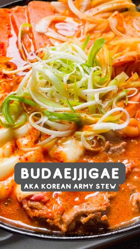 “Budae” in Korean means army and “jjigae” means stew. Comprised of a hodge-podge of Western and Eastern ingredients, budaejjigae is a living (and delicious!) artifact from a darker time during the Korean War. Budajigae Recipe, Jigae Korean Food, Health Salads, Asian Cusine, Baking Treats, Easy Peasy Recipes, Cooking Stuff, Meals Ideas, Korean Cooking