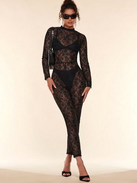 SHEIN BAE Floral Lace Mock Neck Jumpsuit Without BodysuitI discovered amazing products on SHEIN.com, come check them out! Lace Jumpsuit Outfit, Lace Bodysuit Outfit, Catsuit Outfit, Elegant Bodysuit, Rave Bodysuit, Black Lace Bodysuit, Mini Dress Outfits, Sheer Bodysuit, Body Suit Outfits