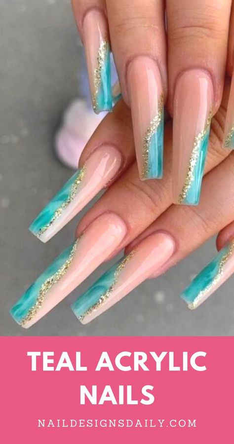 teal acrylic nails Spring Nails Teal, Teal Nails Short, Short Teal Nails, Teal Almond Nails, Teal Blue Nails, Nail Ideas Long, Teal Acrylic Nails, Nails Teal, Fingernail Ideas