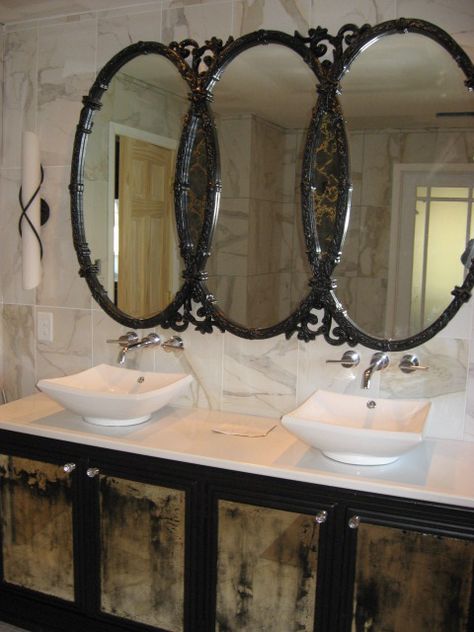 Vintage triple oval mirror painted black and vintage credenza re-purposed as a bathroom vanity- antiqued mirror panels added. Triple Oval Mirror, Victorian Mirrors, Antique Oval Mirror, Take A Bath You Dirty Hippie, Triple Mirror, Future Bathroom, Dream Boutique, Room Wall Tiles, Cottage Bathroom Ideas