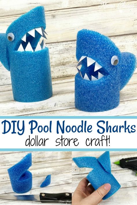 DIY Pool Noodle Shark Dollar Store Craft #diy #sharkweek #mamacheaps https://www.mamacheaps.com/diy-pool-noodle-shark-dollar-store-craft/ Shark Birthday Party Crafts, Pool Noodle Shark, Diy Finding Dory Party Decorations, Shark Craft Ideas, Pool Noodle Crafts For Kids, Shark Birthday Party Games, Pool Noodle Fish, Shark Week Activities, Pool Noodle Ideas