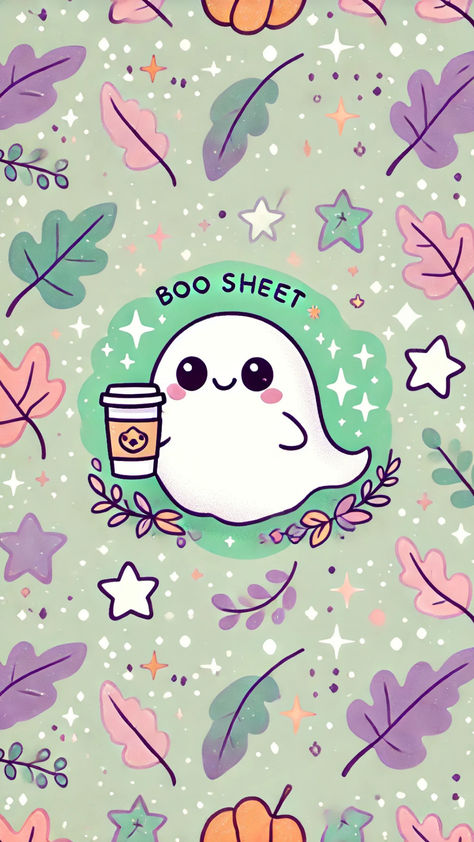 Cute Halloween Wallpaper of a cute boo sheet ghost holding a cup of coffee. Cute Spooky Fall Wallpaper, Fall Halloween Wallpaper, October Background, Witchy Wallpapers, Cozy Background, Cozy October, Festive Wallpaper, Autumn Aesthetic Cozy, Whimsical Fall