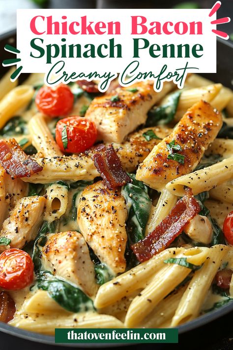 Chicken Bacon Spinach Penne Chicken Bacon Artichoke Pasta, Chicken Spiral Pasta Recipes, Yummy Sunday Dinner Ideas, Chicken Bacon Spinach Penne, One Pan Chicken And Pasta, Meals With Noodles, Chicken Bacon Ranch Penne, Dinner Recipes With Meat, Dishes With Bacon