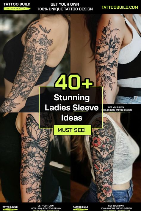 Unique Ladies Sleeve Tattoo Ideas for a Stylish and Stunning Look Building A Sleeve Tattoo Woman, Woman’s Arm Sleeve Tattoo, Women’s Sleeve, Ladies Sleeve Tattoo, Ladies Sleeve Tattoo Ideas, Womens Sleeve Tattoo Ideas, Half Sleeve Tattoo Upper Arm, Sleeve Tattoo Ideas, Tattoos Sleeve