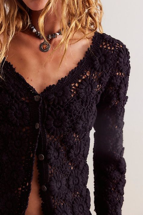 Too-cool in crochet, this cardigan from our We The Free collection features a deep V-neckline and button-front closures with feminine scalloped trim. **Fit:** Relaxed fit, hip-length style **Features:** Cotton crochet fabrication, deep V-neckline, button-front closures, long-sleeve style, scalloped trim, unlined **Why We ❤ It:** This cardigan adds a unique touch to every layered look. | We The Free Alicia Cardi at Free People in Black, Size: XS Freepeople Style Inspiration, Indie Winter Outfits, College Lookbook, Building Wardrobe, Ashley Core, Black Crochet Cardigan, Crochet Cardigan Outfit, Thanksgiving Fits, Unique Cardigan