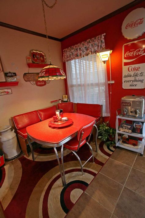 50s Kitchen Vintage, Coke Kitchen, White Cart, Movie Themed Rooms, Soda Dispenser, Retro Kitchen Tables, Menu Board Restaurant, Red Accent Wall, Coca Cola Kitchen