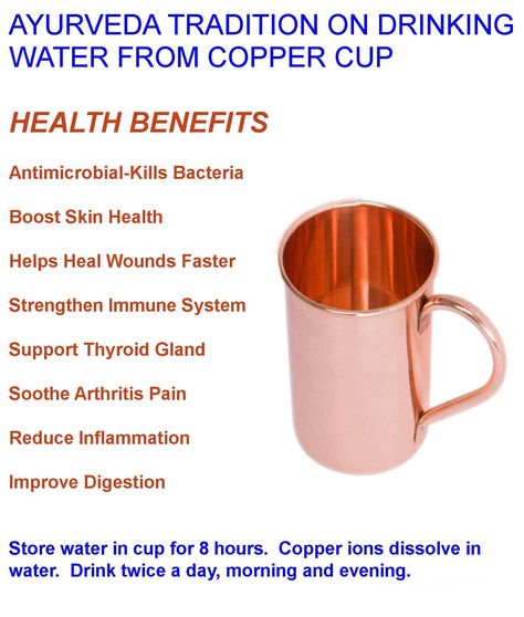 Ayurveda tradition on drinking water from copper cup. Drinking From Copper Cup Benefits, Copper Cups Benefits, Copper Water Bottle Benefits, Copper Benefits Health, Copper Benefits, Copper Cup, Copper Mug, Medical Herbs, Copper Cups