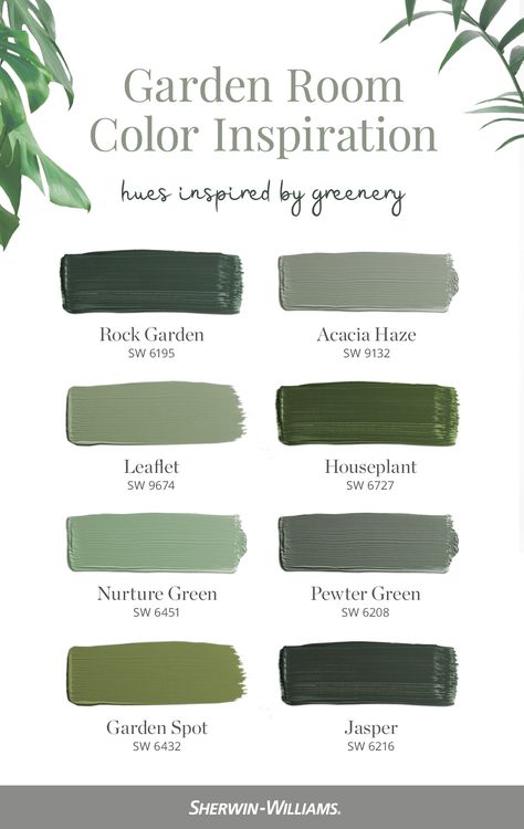 Bring a garden room vibe to your next DIY painting project with this nature-inspired palette from Sherwin-Williams. Tap this pin to shop green paint colors that are sure to bring the spirit of the great outdoors to your great indoors (and beyond). #sherwinwilliams #green #colorinspiration #diy #interiordesign #homedecor #garden #gardenroom Best Shades Of Green Paint Wall Colors, Wherein Williams Green Paint Colors, Green Paint Color Schemes, Rock Garden Sherwin Williams Wall Colors, Green Wall Color Palette, Outdoor Green Paint Colors For House, Green Interior Design Palette, Sherwin Williams Green Palette, Shades Of Green Wall Paint