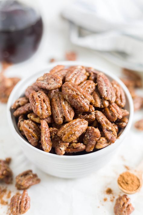 This is the best recipe for candied pecans! It’s and easy recipe made in the oven and it’s healthy too because it’s made with maple syrup. You can use them for a salad, on top of sweet potatoes or as an appetizer or snack. #healthy #paleo #snack #cinnamon #pecans #candy #fall #thanksgiving Glazed Nuts, Maple Syrup Recipe, Nut Recipes, Candied Pecans, Snack Mix, Quick Snacks, Best Recipe, Refined Sugar Free, Refined Sugar