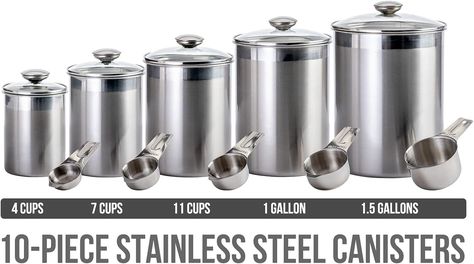 Amazon.com: Airtight Canisters Sets for the Kitchen Counter - Stainless Steel Food Storage Containers with Glass Lids for Tea Coffee Sugar Flour Baking Dry Storage, Metal Pantry Canister - Extra Large 10PCS : Home & Kitchen Small Home Kitchen, Stainless Steel Canister Set, Containers For Kitchen, Stainless Steel Food Storage, Kitchen Pantry Organization, Sugar Storage, Food Storage Container Set, Airtight Food Storage, Airtight Food Storage Containers