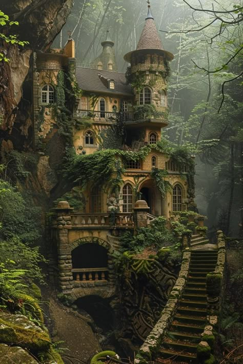 Castle In Woods, Dark Gothic Castle, Castle In Forest, Castle In The Woods, Wood Castle, Fantasy Locations, Fairytale Houses, Fantasy Cottage, Fantasy Village