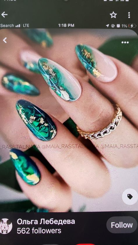 Green Blue Gold Nails, Blue Green And Gold Nails, Green Blue Marble Nails, Green Geode Nails, Emerald Stone Nails, Green Opal Nails, Green Marble Nails With Gold Flakes, Blue And Green Marble Nails, Navy And Green Nails