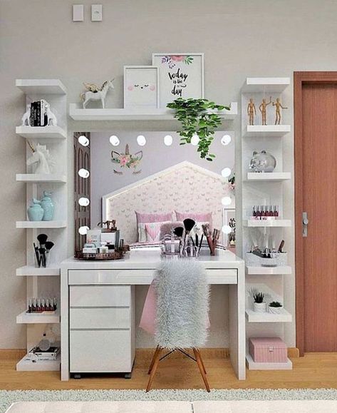 Desk And Shelves, Teenage Girl Room, Dressing Room Decor, Makeup Room Decor, Vanity Room, Girl Bedroom Designs, Makeup Table