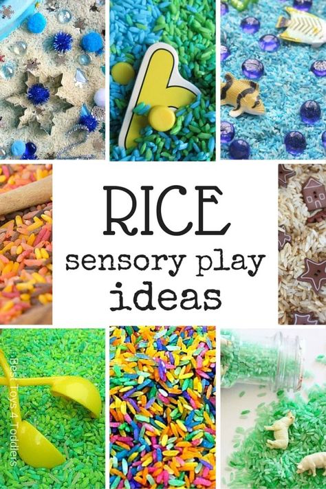 Best Toys 4 Toddlers - 33 ideas for sensory play based on rice to help engage all 5 senses of your child. Prek Sensory, Rice Sensory Play, Rice Sensory Bin, Play Ideas For Toddlers, Sensory Bin Ideas, Sensory Tubs, Sensory Bags, Kids Handwriting, Easy Rice