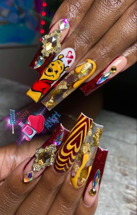 Winnie Pooh Nails, Winnie The Pooh Nail Art, Cartoons Nails, Winnie The Pooh Nails, Pooh Nails, Disneyland Nails, Long Square Nails, Cherry Nails, Colored Acrylic