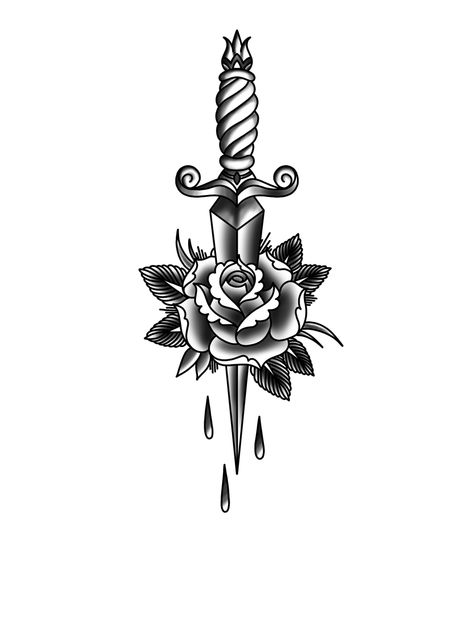 Mens Knife Tattoo, Knife Through Rose Tattoo, Dager Tattoos With Rose, Dagger Through Rose Tattoo, Knife Rose Tattoo, Dagger Tattoo For Men, Knife With Flowers Tattoo, Dagger With Flowers Tattoo, Traditional Dagger Tattoo Design