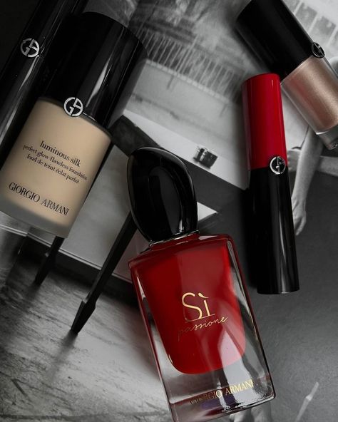 Giorgio Armani Aesthetic, Armani Aesthetic, Givenchy Cosmetics, Armani Cosmetics, Armani Makeup, Armani Perfume, Red Aesthetics, Designer Perfumes, Armani Dress