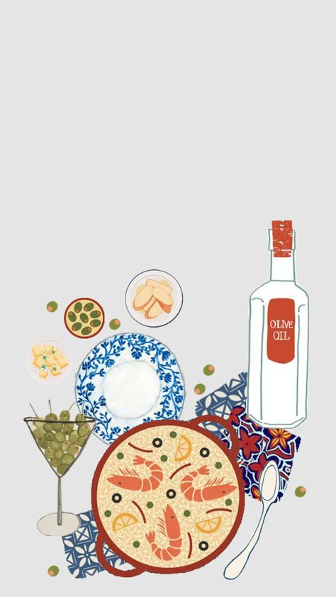 #food #illustrations #art #wallpaper #culture #Spanish #Spain #travel #delicious #spanishfood #beauty #vibes #yum #drink #seafood #olive #foodcollage #paella #martini #color #foodie #foodaesthetic Seafood Illustration, Food Collage, Spain Culture, Beauty Vibes, Spanish Cuisine, Food Illustration Art, Illustrations Art, Food Illustration, Spanish Food