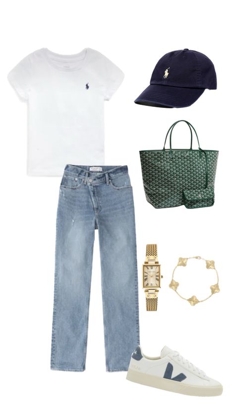 Veja Outfit Ideas, Veja Green Sneakers Outfit, Casual Outfits Summer Modest, Green Goyard Bag Outfit, Goyard Cap Vert Bag Outfit, How To Style Veja Sneakers, Straight Jeans Outfit Spring, Vejas Sneaker Outfit Ideas, Green Goyard Outfit