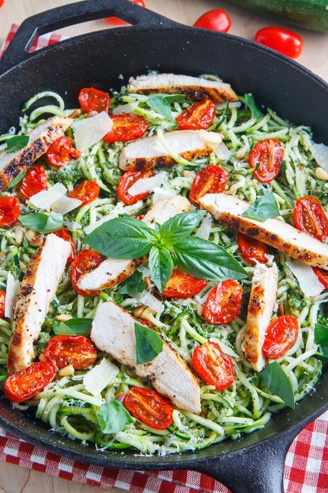 Pesto Zucchini Noodles with Roasted Tomatoes and Grilled Chicken Shashlik Chicken, Chicken Stick, Chicken Shashlik, Pesto Zucchini, Pesto Zucchini Noodles, Spiralizer Recipes, Zucchini Noodles, Zucchini Recipes, Roasted Tomatoes