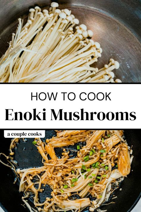 Enoki mushrooms are a beautiful type of mushroom that's extraordinarily delicious! Here’s a recipe for how to cook this tasty fungi. #enoki #mushrooms #enokimushrooms #mushroomrecipe #enokitake How To Make Enoki Mushrooms, Emoji Mushroom Recipe, Enoki Mushroom Recipe Vegan, Easy Enoki Mushroom Recipe, Recipes With Enoki Mushrooms, Dairy Free Mushroom Recipes, Snow Mushroom Recipe, How To Cook Enoki Mushrooms, Enochi Mushrooms Recipe