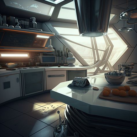 Spaceship Interior Kitchen, Future Kitchen Technology, Futuristic Kitchen Concept Art, Scifi Kitchen, Spaceship Kitchen, Cyberpunk Kitchen, Spaceship Interior Concept Art, Sci Fi Kitchen, Starfield Aesthetic