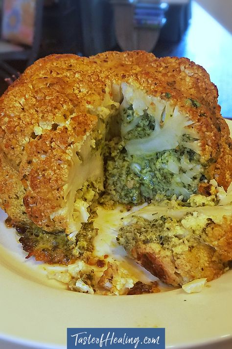 The Best Whole Roasted Cauliflower Recipe with Greens Butter Stuffing - Taste of Healing Butter Stuffing, Stuffed Cauliflower, Roasted Cauliflower Head, Roasted Cauliflower Recipe, Whole Roasted Cauliflower, Cauliflower Recipe, Cauliflower Cheese, Head Of Cauliflower, Collard Greens