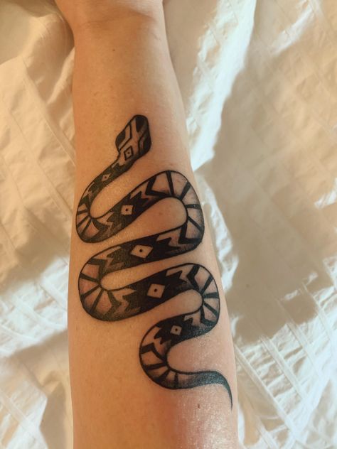 Southwestern print snake. Done by Jack at NE tattoo in Minneapolis. #tattoos #tattoo #beauty Diamond Back Rattlesnake Tattoo, Southwestern Tattoo Sleeve, Western Snake Tattoo, Southwestern Tattoos For Women, Southwestern Tattoo, Rattlesnake Tattoo, K Tattoo, Prison Tattoos, Southwestern Print