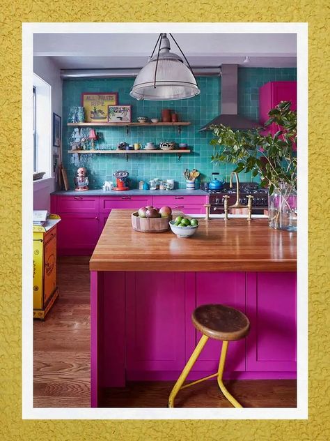 The Best Airless Paint Sprayers in 2022 | domino Colorful Galley Kitchen, Pink Home Bar, Colorful Cabinets, Groovy Kitchen, Hot Pink Kitchen, Pink Kitchen Cabinets, Paint Combos, Lavender Kitchen, Apple House