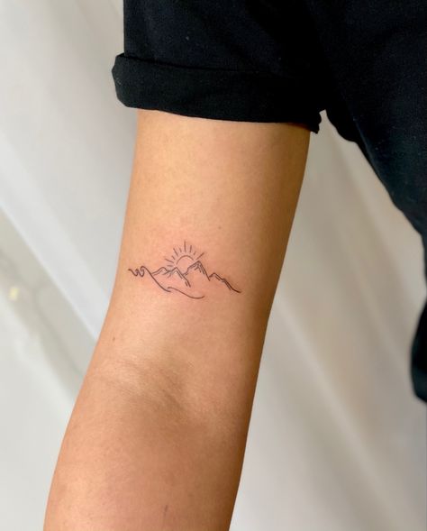 3 Peaks Tattoo, Cute Mountain Tattoos For Women, Sunrise Mountain Tattoo Minimalist, Half Sun And Mountain Tattoo, Mountain And Sunrise Tattoo, Sunshine Mountain Tattoo, Mountain To Wave Tattoo, Small Fine Line Mountain Tattoo, Lake District Tattoo Ideas