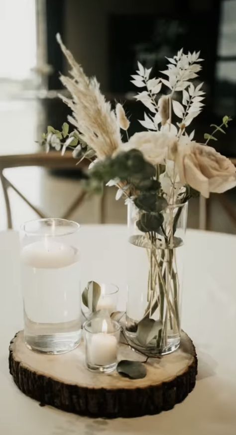 Wedding Centerpieces Champagne, Candle And Pampas Centerpiece, Simple Neutral Centerpieces, Boho Rehearsal Dinner Decorations, Round Table Centerpieces Wedding, Neutral Wedding Decor, Boho Centerpiece, Rehearsal Dinner Decorations, Simple Wedding Decorations