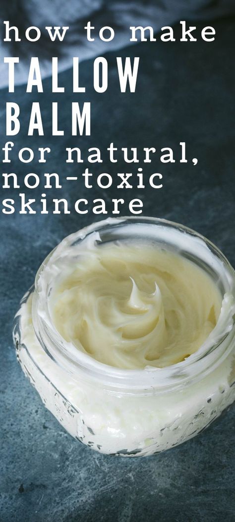 Ready for non-toxic skincare? This easy, two ingredient (plus a couple of essential oils) tallow balm is simple, excellent for your skin with no harsh ingredients, endocrine disrupting fillers or anything you don't want. Just moisturizing, non-greasy moisturizer that won't clog your pores. Check out the easy how to and make your own skin conditioning tallow balm right at home for cheap! What To Make With Tallow, Diy Tallow Balm, Tallow Skincare Recipes, Homemade Tallow Face Moisturizer, How To Make Tallow Face Cream, Beef Tallow Lip Balm Recipe, Tallow Balm For Acne, Beef Tallow Face Cream Recipe, Beef Tallow Face Cream