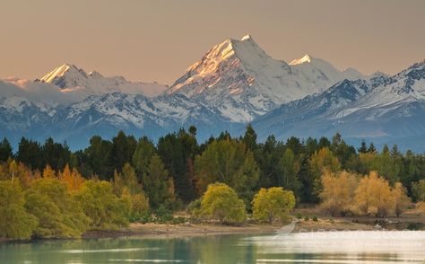 Sunset on Mount Cook and Mount Tasman from the eastern shores of Lake Pukaki in Autumn New Zealand Mountains, Mount Cook, New Zealand Landscape, New Zealand South Island, Island Lake, New Zealand Travel, Eastern Shore, South Island, Environmental Art