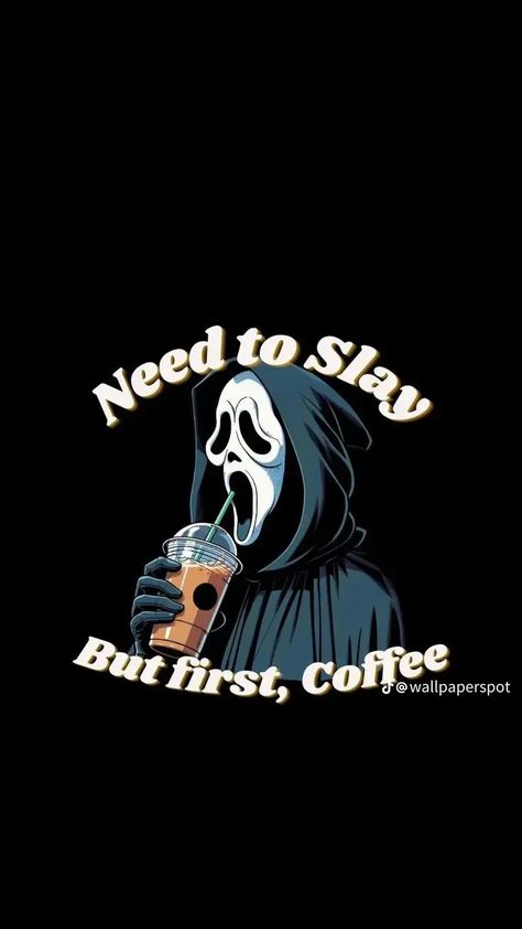 Scream Lockscreen Iphone, Girly Scream Wallpaper, Spooky Coffee Wallpaper, Coffee Halloween Quotes, Halloween Coffee Wallpaper, Halloween Coffee Aesthetic, Halloween Coffee Quotes, Coffee Lockscreen Aesthetic, Scream Iphone Wallpaper