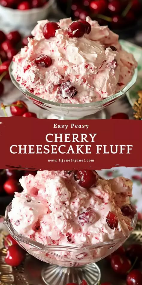 Cherry Cheesecake Fluff Cherry Cheesecake Fluff Dessert, Cherry No Bake Cheesecake, Recipes Using Cherries, Cheesecake Fluff Dessert, Summer Dessert Recipes Easy, Cherry Cheesecake Fluff, Fruit Fluff, Cherry Delight Dessert, Fluff Recipes