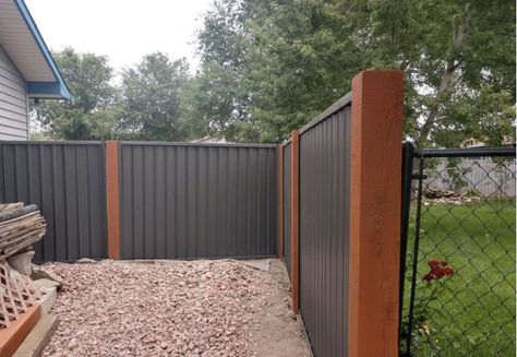 Metal Fence Ideas, Sheet Metal Fence, Fences Alternative, Steel Fencing, Cedar Wood Fence, Corrugated Metal Fence, Diy Backyard Fence, Gate Entrance, Metal Fence Panels