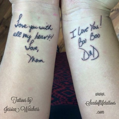 Parents Writing Tattoo, Moms Writing Tattoo, Parent Writing Tattoo, Parent Signature Tattoo, Parents Signature Tattoo Ideas, Parent Memorial Tattoo Ideas, Hand Writing Tattoos, Handwriting Tattoo Ideas, Parents Handwriting Tattoo